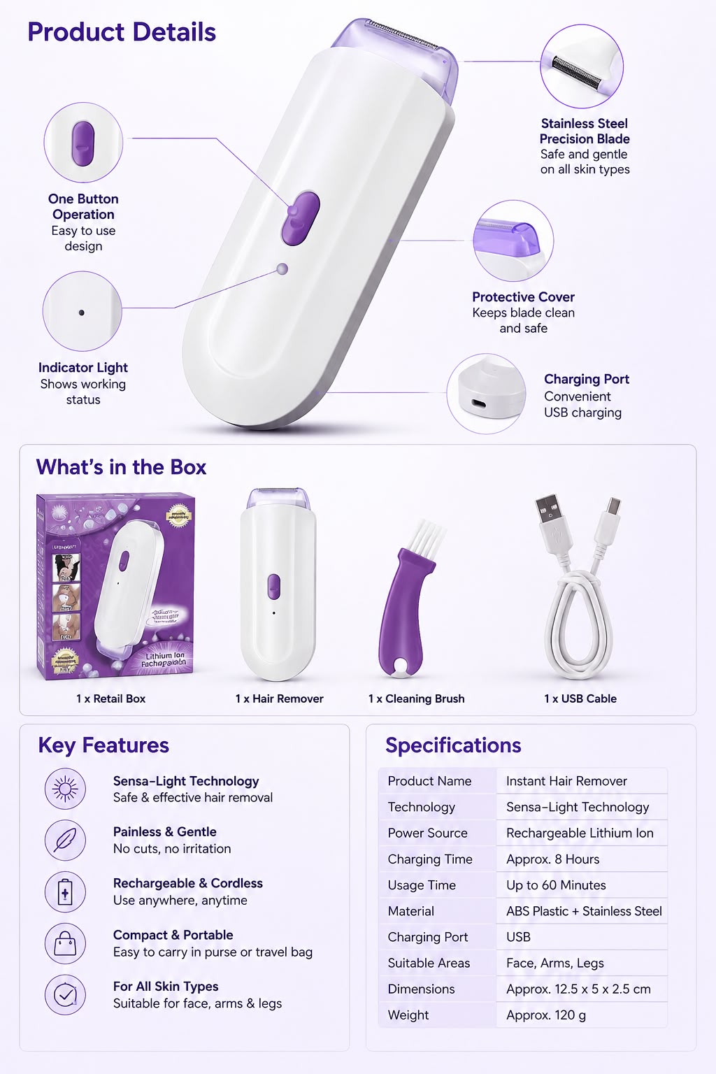 Rechargeable Painless Facial & Body Hair Remover for Women